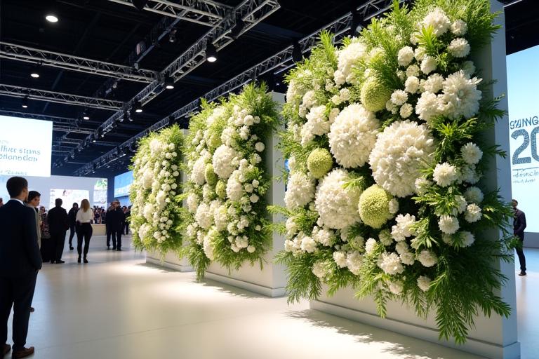 Floral installations at a large corporate event.