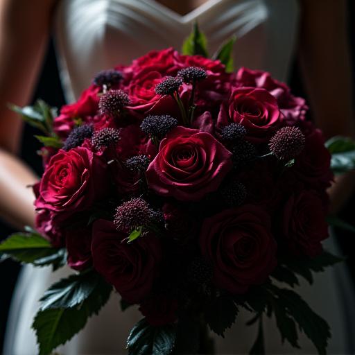 A close-up of a dramatic, dark-toned bridal bouquet.