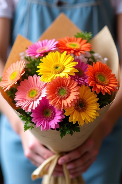 A vibrant and cheerful bouquet wrapped in craft paper for delivery.
