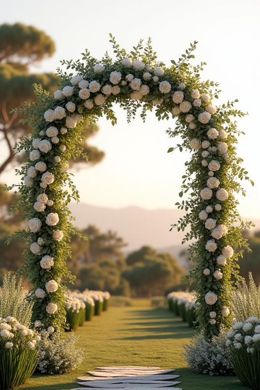 A beautiful wedding arch adorned with white roses and eucalyptus.