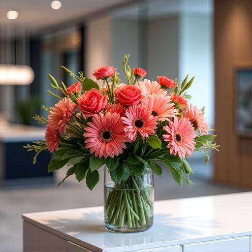 A modern floral arrangement on a corporate reception desk.