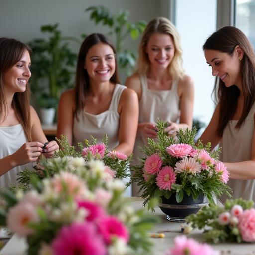 People smiling and creating their own bouquets during a floral workshop.