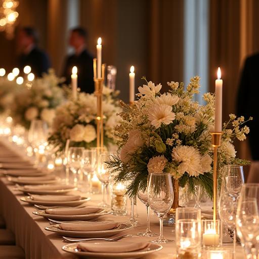 An elegant wedding tablescape decorated with stunning floral centerpieces.