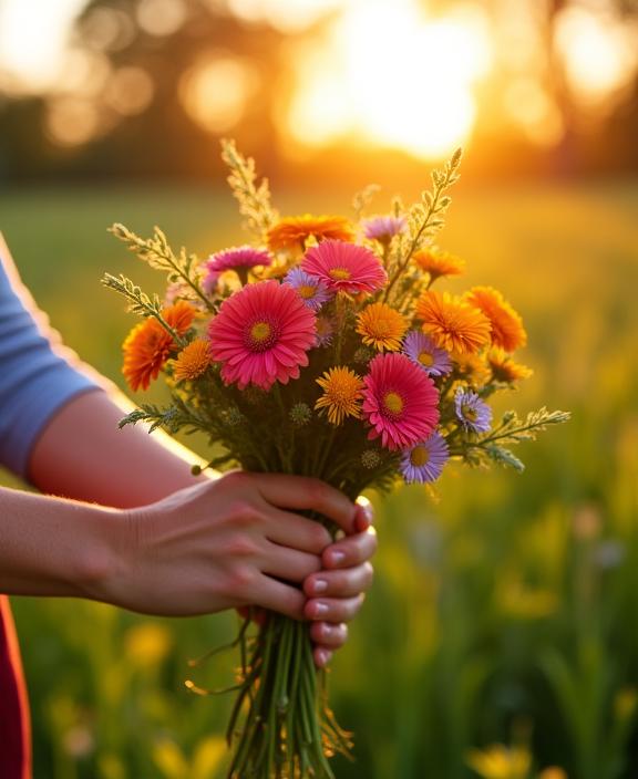 A florist's hands holding a bunch of locally sourced, fresh-cut flowers in a field.
