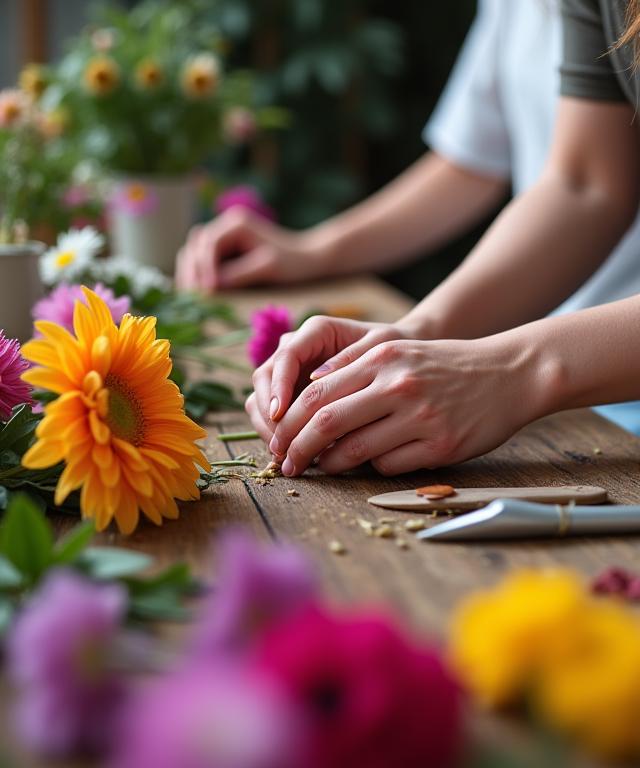 A close-up of a participant arranging flowers during an Abyss Bloom workshop.